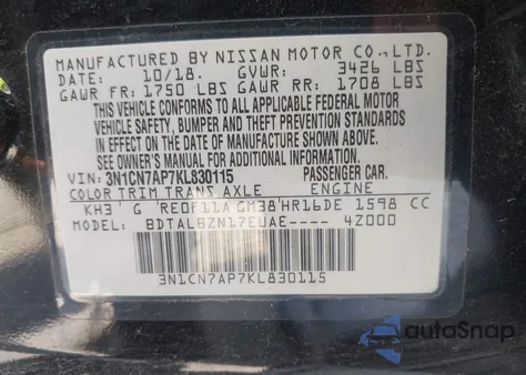 2019 Nissan Versa 1.6 Sv from USA, damaged, VIN 3N1CN7AP7KL830115